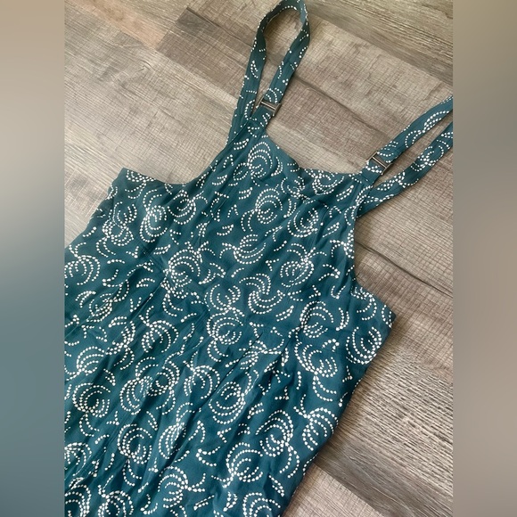 Anthropologie Maeve Tidal Jumpsuit Overalls Large Teal Blue White Boho Pockets - Picture 5 of 9